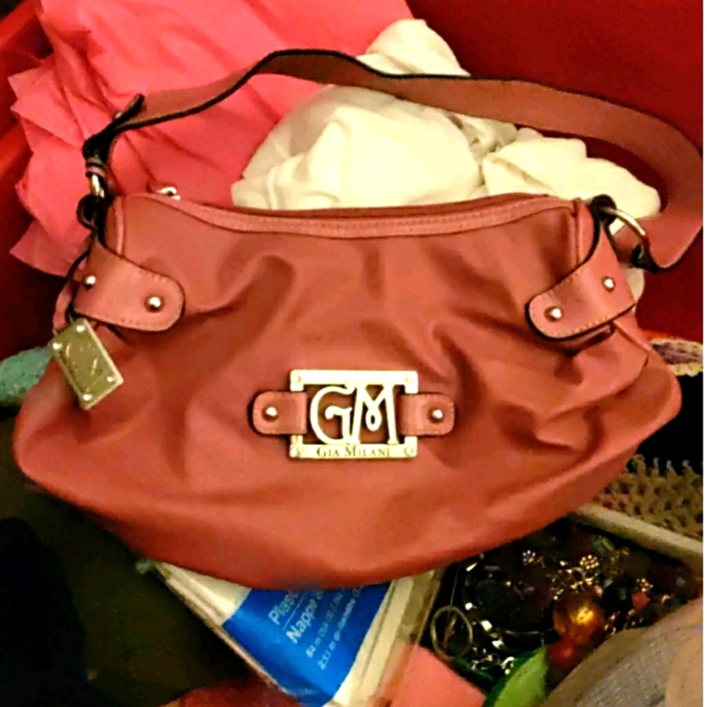 GIA MILANI DARK BURGANDY SHORT STRAP SILVER LOGO 12" PURSE